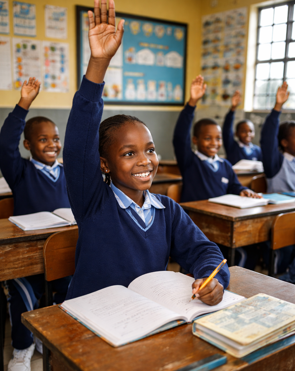 Learners raising their hands in a Kenyan classroom